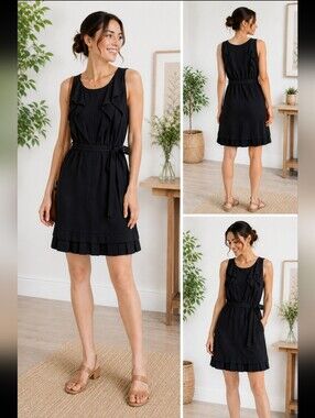 Diane Von Furstenberg Black Ruffle Dress Size 6 Belted Sleeveless Sheath Dress